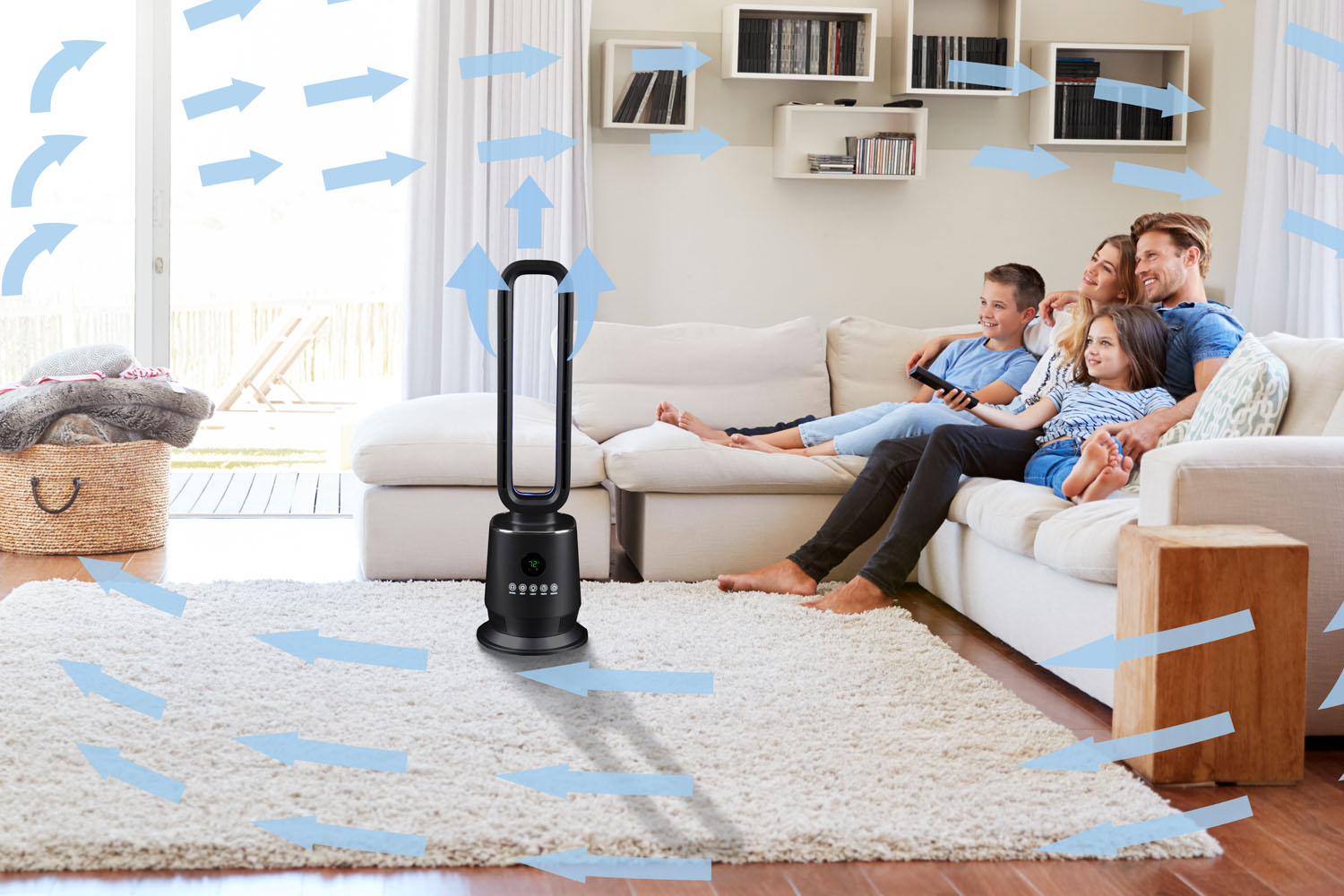 Comfort Tower PRO™️ with Family in a Living Room, Arrows showing airflow