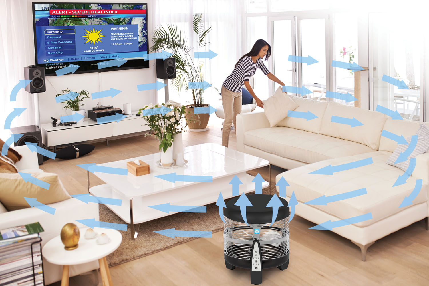 Power360™️ in a Living Room with a woman, Arrows showing airflow